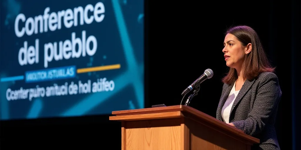 a woman standing at a podium with a microphone in front of her and a sign behind her that says confe