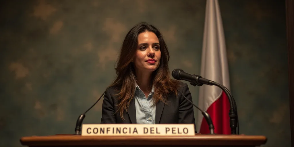 a woman standing at a podium with a microphone in front of her and a sign behind her that says confi