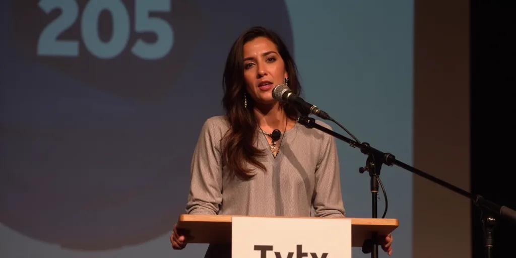 a woman standing at a podium with a microphone in front of her and a banner behind her that says 205
