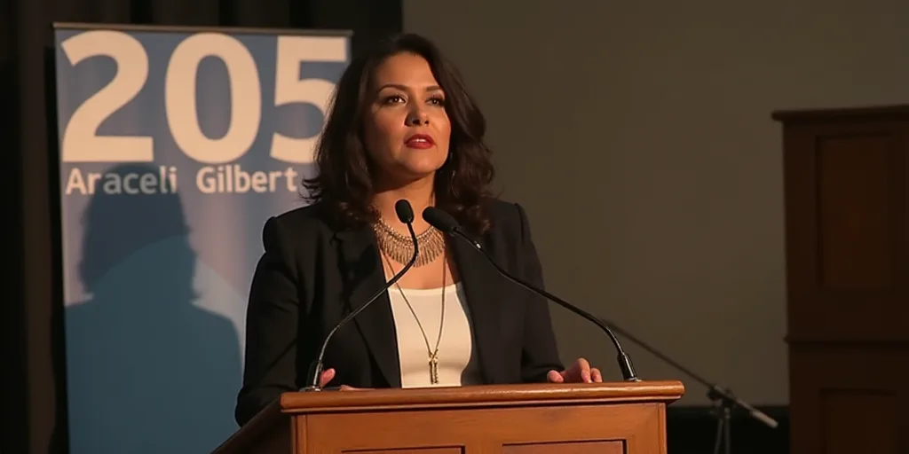 a woman standing at a podium with a microphone in front of her and a banner behind her that says 205
