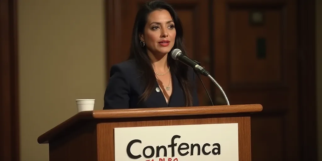 a woman standing at a podium with a microphone in front of her and a sign behind her that says confe