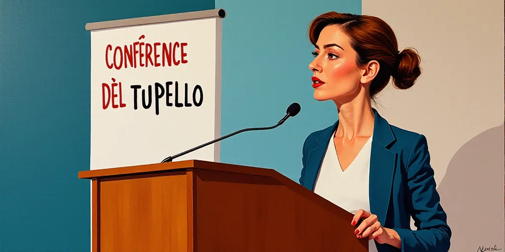 a woman standing at a podium with a microphone in front of her and a sign behind her that says confe