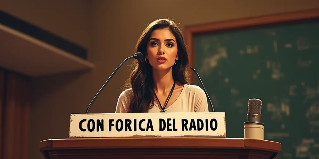 a woman standing at a podium with a microphone in front of her and a sign behind her that says confe