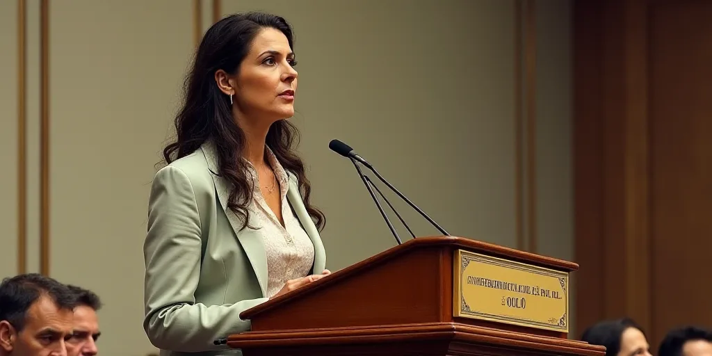 a woman standing at a podium with a microphone in front of her and a sign behind her that says confe