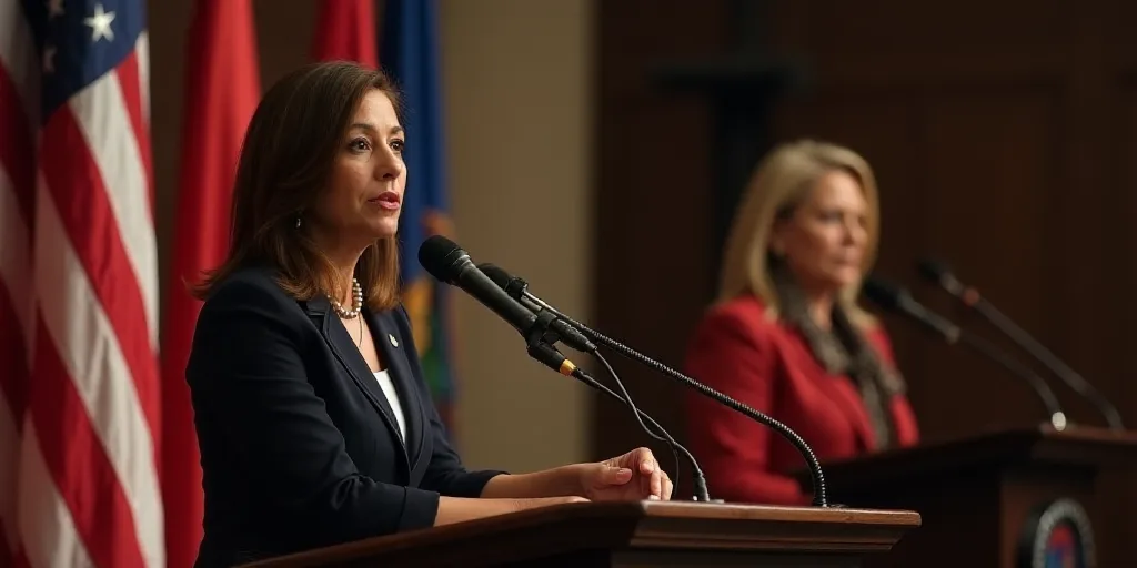 a woman standing at a podium with a microphone in front of a flag and a woman standing behind a podi