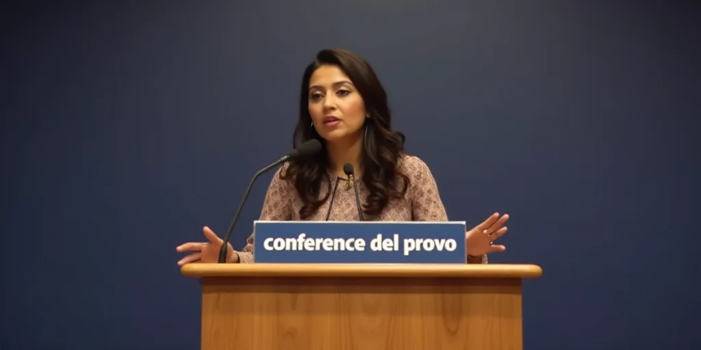 a woman standing at a podium with a microphone in front of her and a sign behind her that says confe