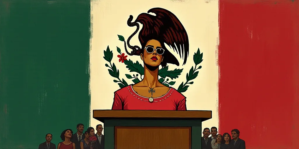 a woman standing at a podium with a mexican flag behind her and a mexican flag behind her and a mexi