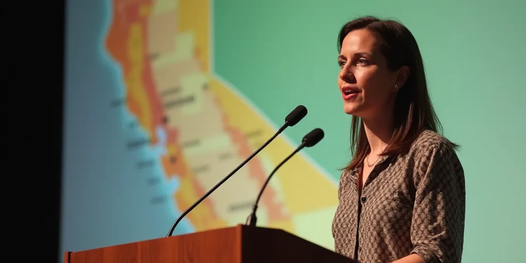 a woman standing at a podium with a microphone in front of her and a map of california behind her, C