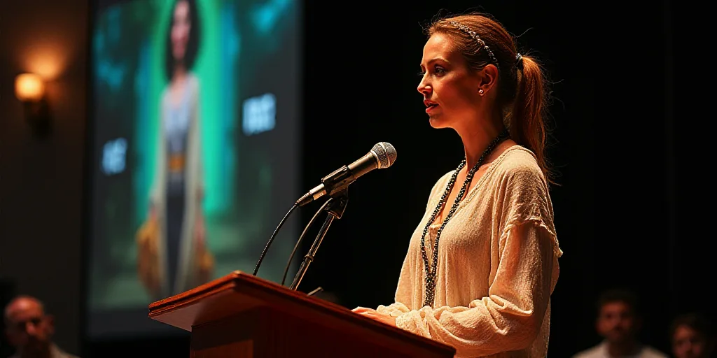 a woman standing at a podium with a microphone in front of her and a microphone in front of her, Cel