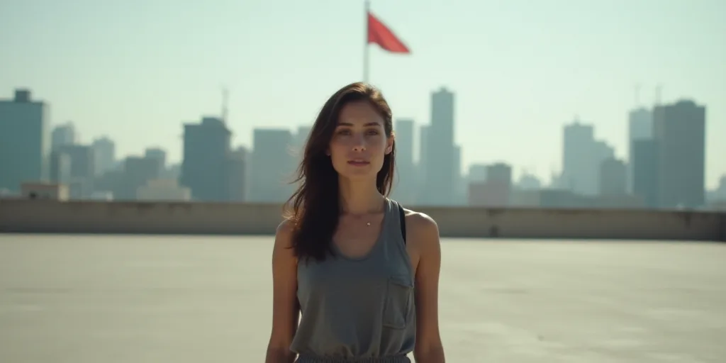 a woman standing in a large open space with a flag pole in the background and buildings in the backg