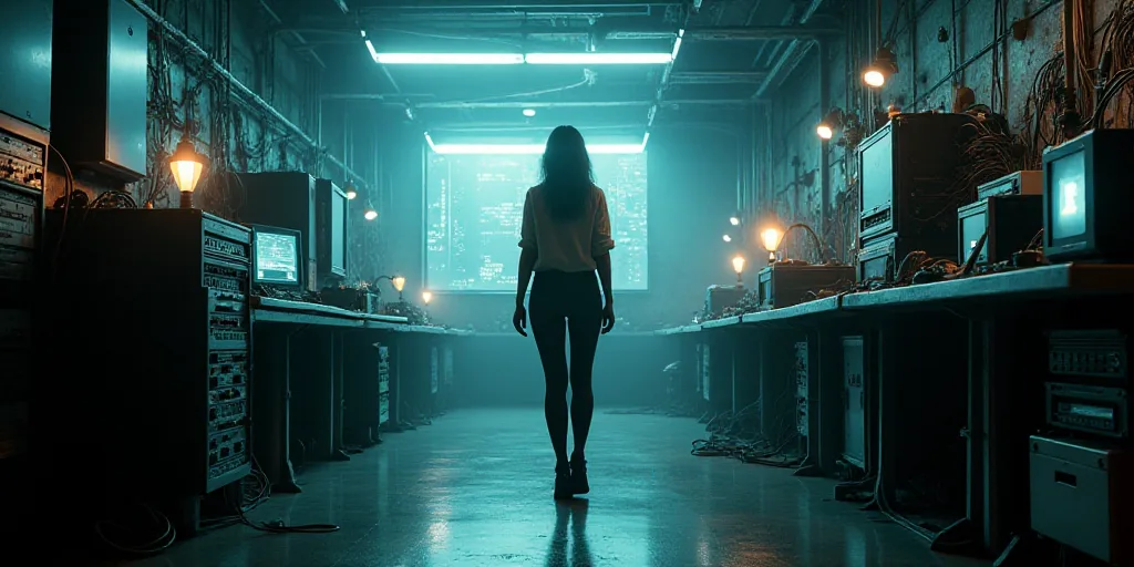a woman standing in a room filled with lots of computer equipment and wires in it's walls and a woma