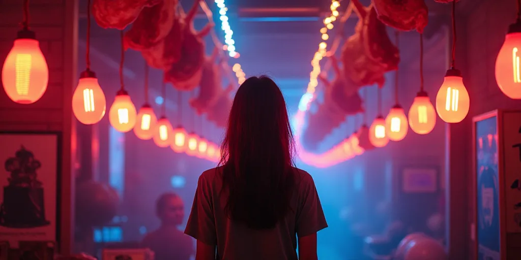 a woman standing in a room with lots of lights hanging from the ceiling and hanging meat on the ceil