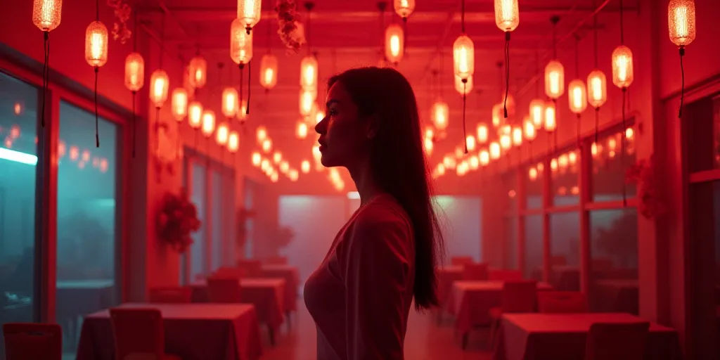 a woman standing in a room with lots of lights hanging from the ceiling and hanging meat on the ceil