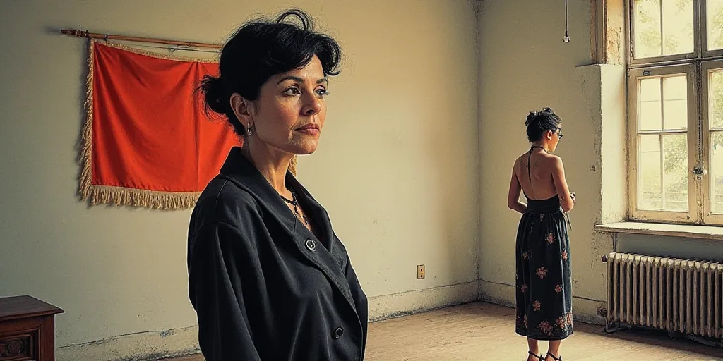 a woman standing in a room with a flag on the wall behind her and another woman standing in the back