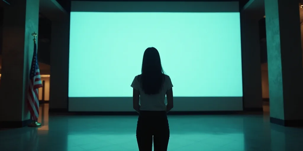 a woman standing in front of a large screen in a building with a flag on it's side, Estuardo Maldona