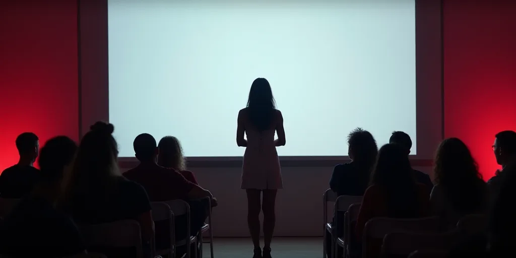 a woman standing in front of a projection screen giving a speech to people in front of a large scree
