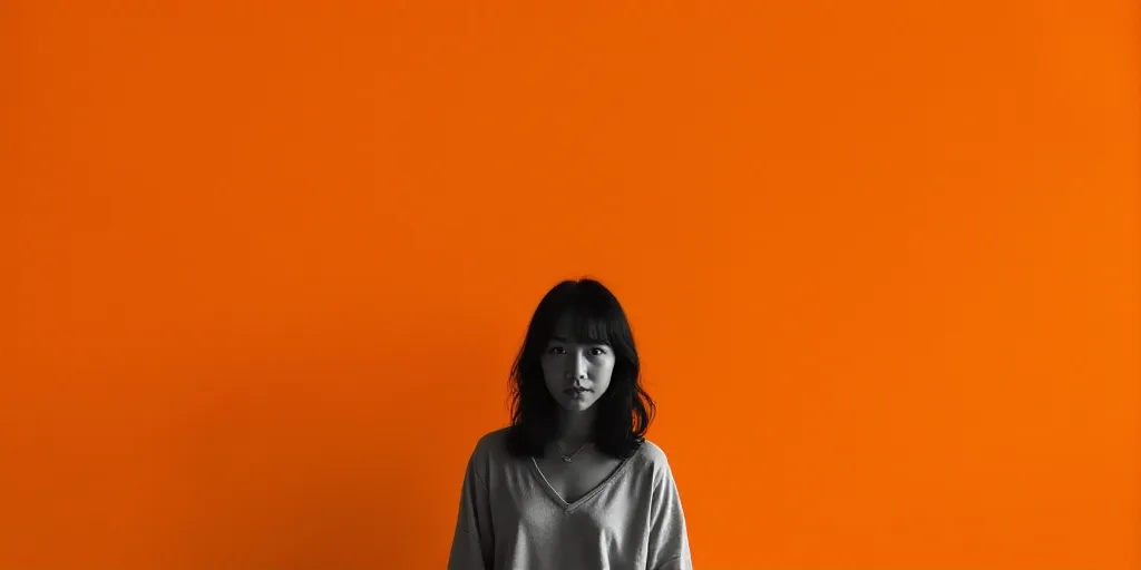 a woman standing in front of an orange background with a black and white photo of her and the words