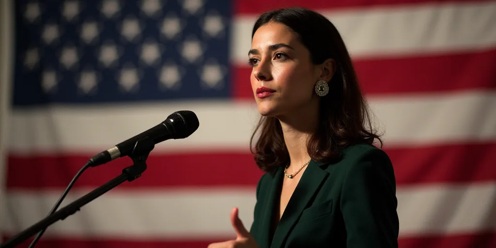 a woman standing in front of a flag and a microphone in front of her is a microphone with a flag beh