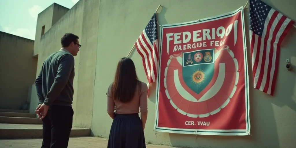 a woman standing in front of a large poster with flags on it's side and a man standing next to it, F