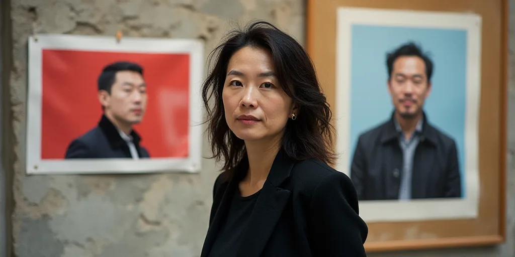 a woman standing in front of a sign with a picture of a man on it and a poster of a man behind her,
