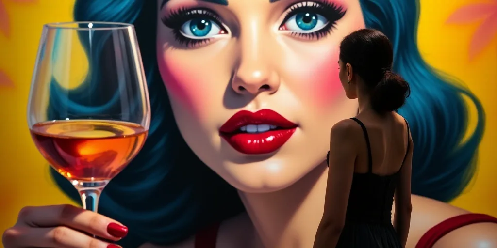 a woman standing in front of a painting of a woman holding a glass of wine in front of a painting of