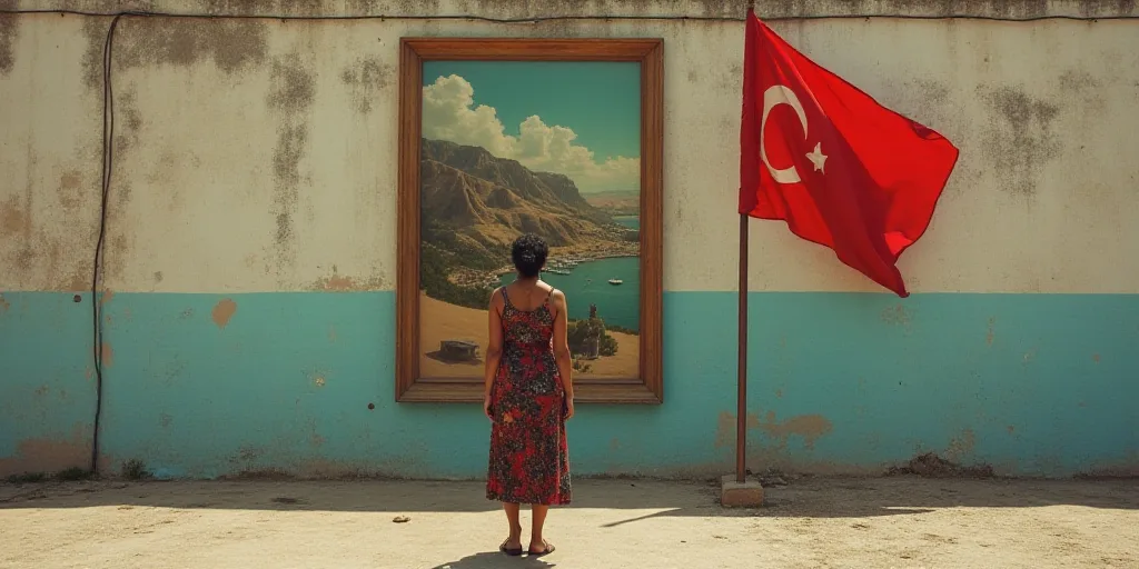 a woman standing in front of a large poster on a wall next to a flag and a flag pole, Ceferí Olivé