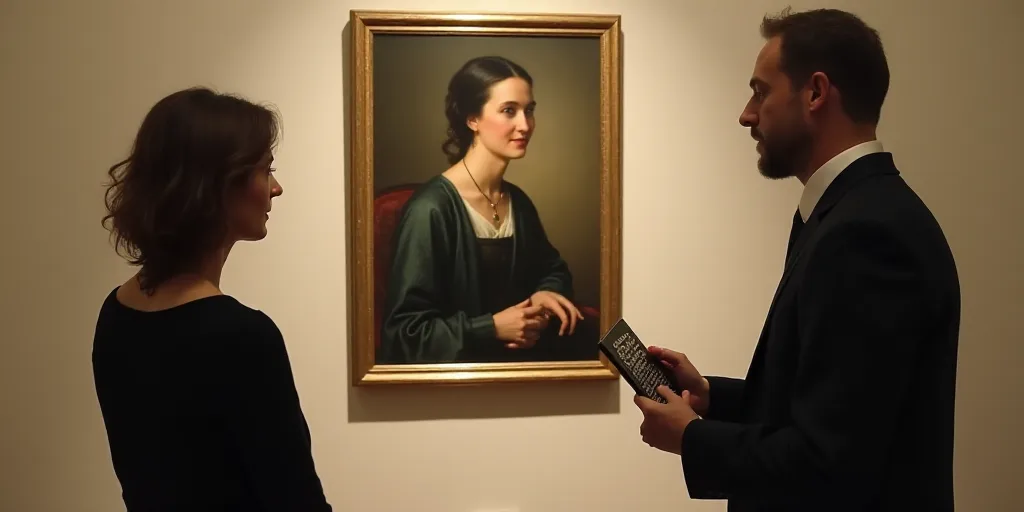 a woman standing next to a man holding a plaque in front of a picture of a woman on a wall, Anna Mar