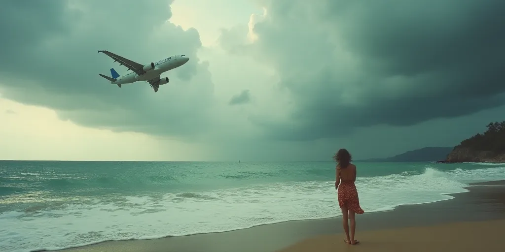 a woman standing on a beach looking at the ocean and an airplane flying overhead in the sky above he