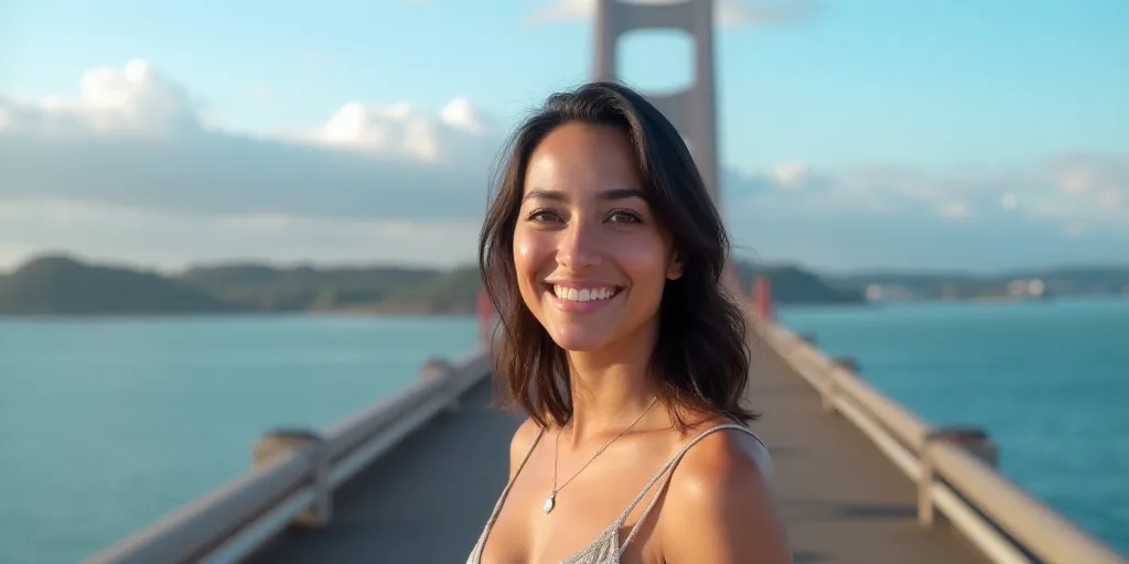 a woman standing on a bridge near the water smiling for the camera with a blue sky and clouds in the