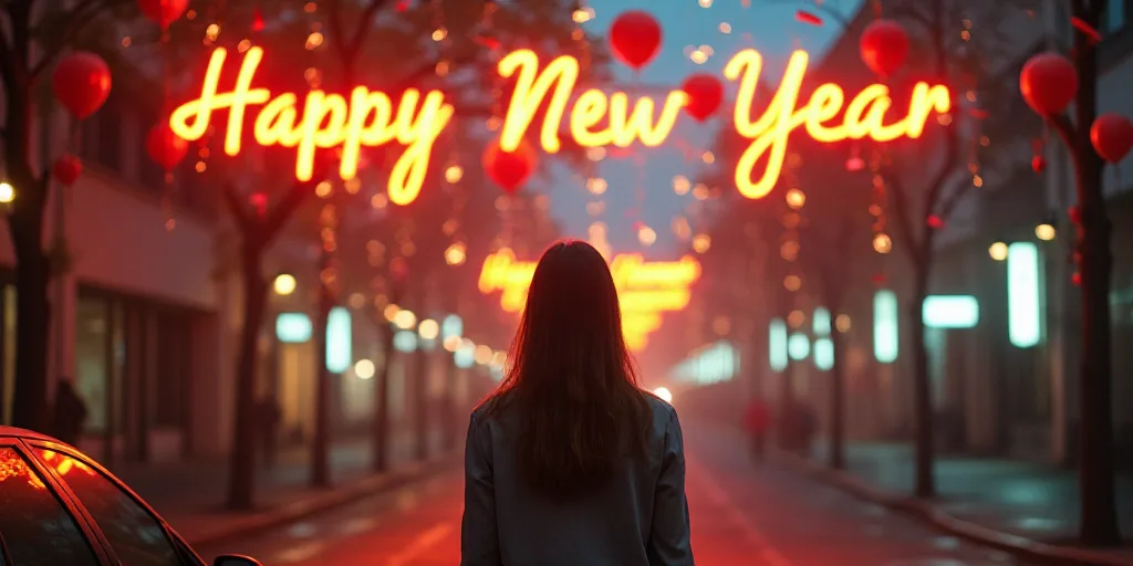a woman standing under a happy new year sign with balloons and streamers around her and a car parked