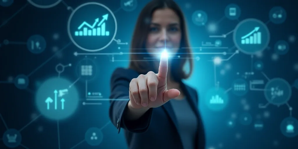 a woman touching a button on a touch screen with a business diagram in the background and a blue bac