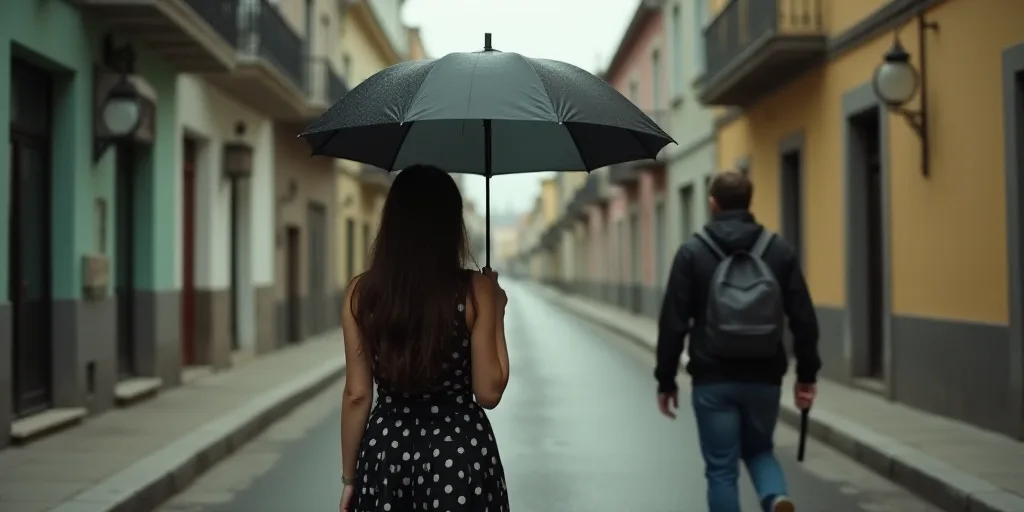 a woman walking down a street with a black umbrella in her hand and a man walking by her with a back