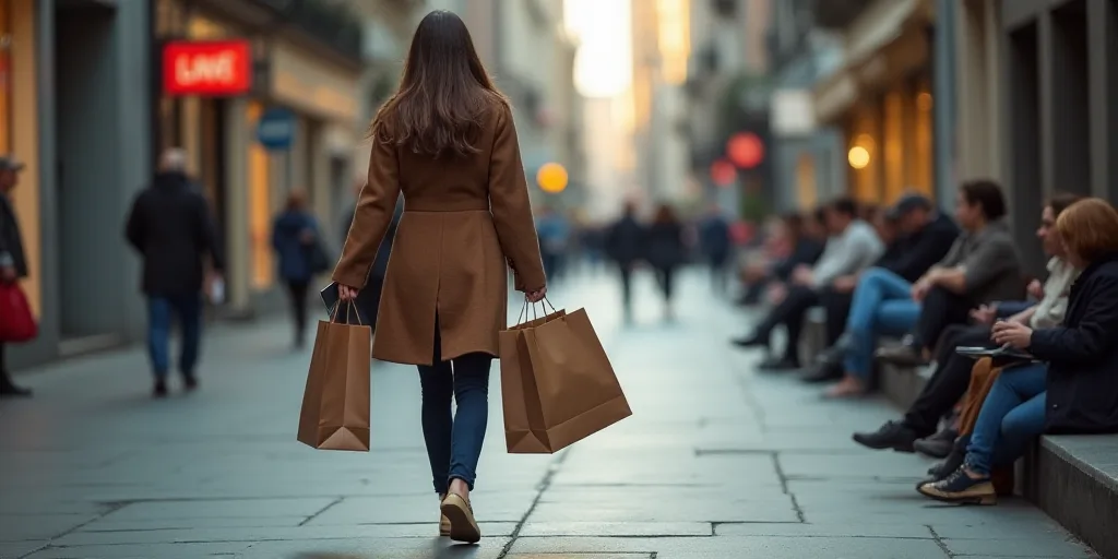 a woman walking down a street carrying shopping bags and a cell phone in her hand while people sit o