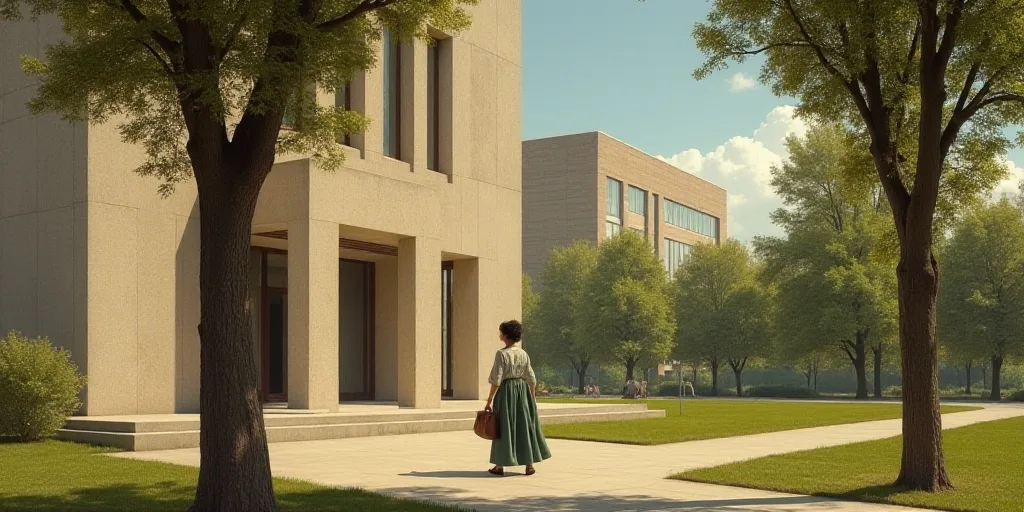 a woman walking in front of a building with a tall building in the background and a tree in the fore