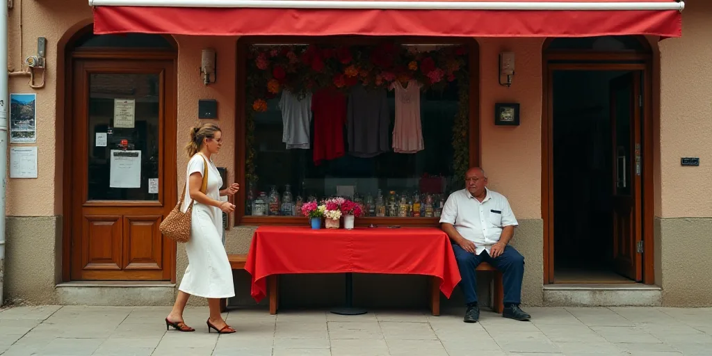 a woman walking past a man sitting on a bench in front of a store front with a red table cloth, Edi