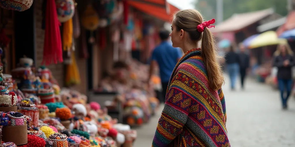 a woman walking past a market with a lot of colorful items on display on the side of the road, Cefer