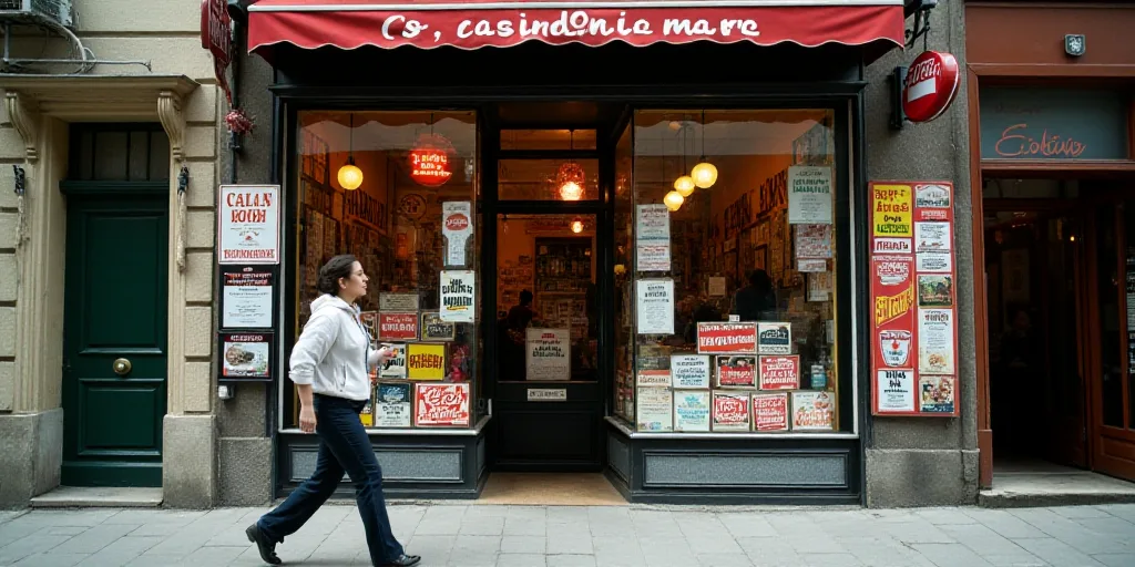 a woman walking past a store front with a lot of signs on it's side window display of a mexican rest