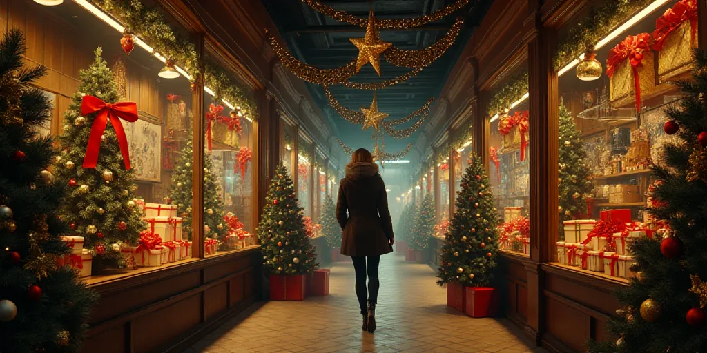 a woman walking through a store filled with christmas decorations and trees and presents on display