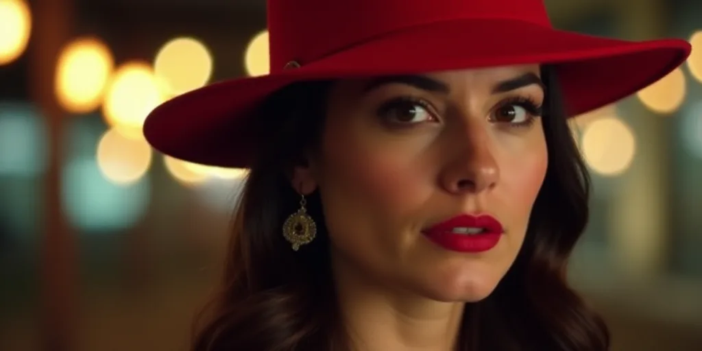 a woman wearing a red hat and earrings in front of a blurry background of lights and circles of ligh
