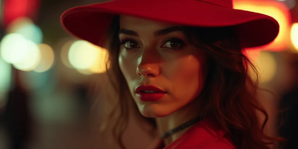 a woman wearing a red hat and a red lipstick looks at the camera with a blurry background of lights,