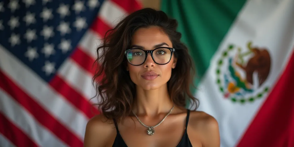 a woman wearing glasses and a necklace standing in front of a flag of the united states of america a