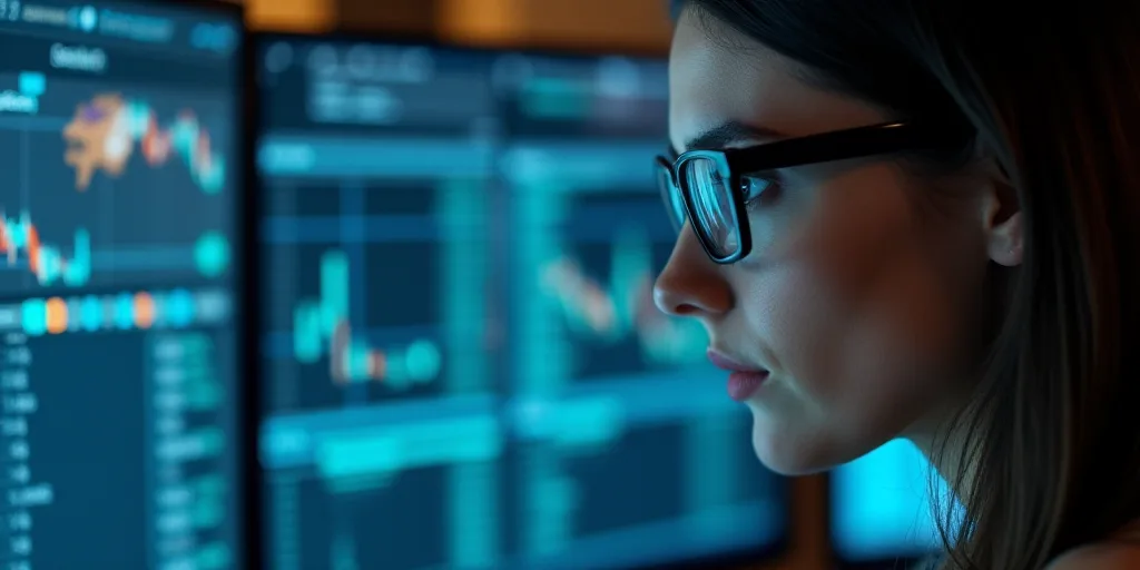 a woman wearing glasses looking at a computer screen with data on it and a blurry background of the