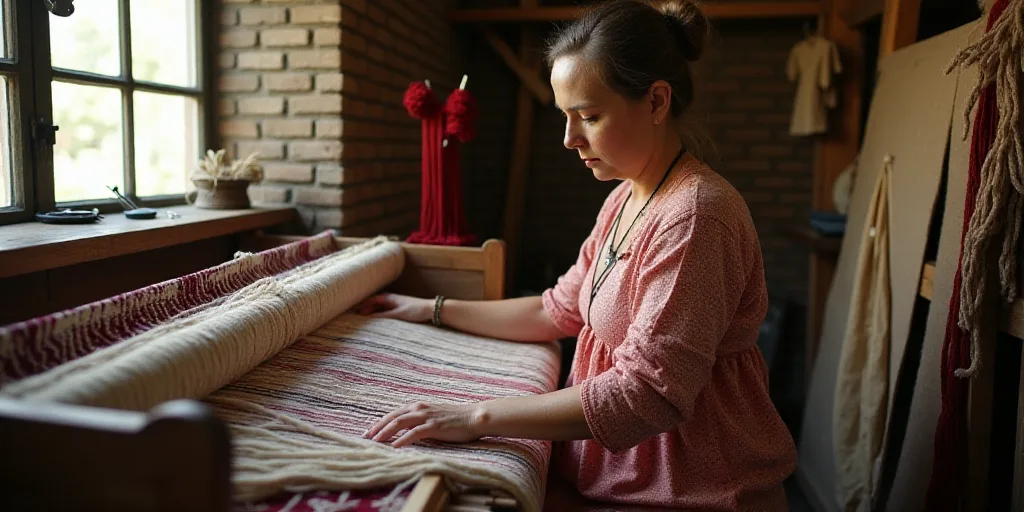 a woman weaving fabric on a loom in a shop with a brick wall and windows behind her and a brick wall