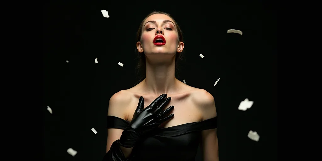 a woman with a black dress and gloves on her chest and mouth open, with a black background and white