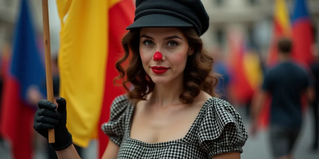 a woman with a red nose and a checkered dress holding a flag in her hand and a black glove, Araceli