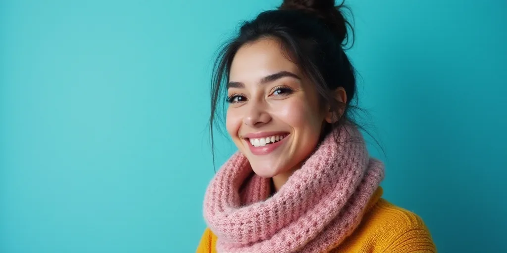 a woman with a scarf on her neck smiling at the camera with a blue background and a black and white
