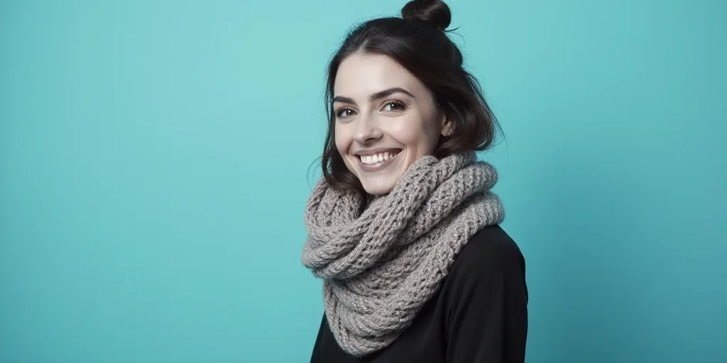 a woman with a scarf on her neck smiling at the camera with a blue background and a black and white