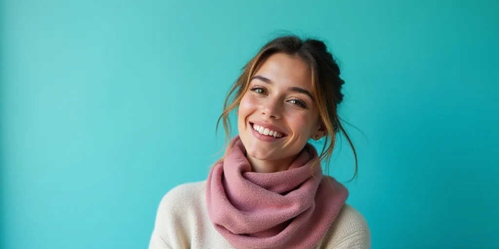 a woman with a scarf on her neck smiling at the camera with a blue background and a black and white