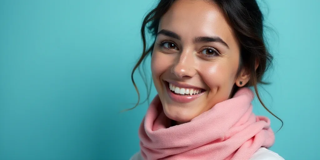 a woman with a scarf on her neck smiling at the camera with a blue background and a black and white