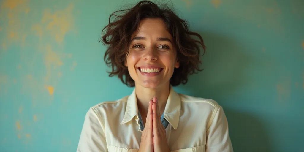 a woman with a white shirt and a blue and yellow shirt is smiling and holding her hands together in